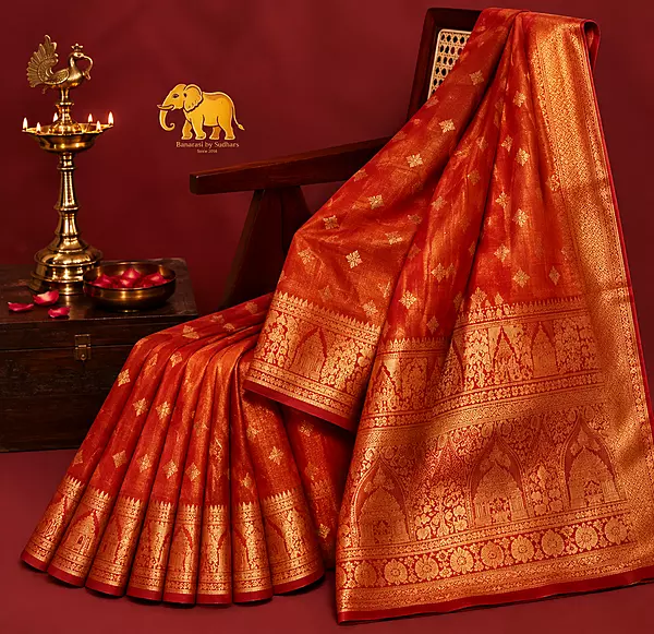 Orangish Red undertone Gold twill tissue kanjeevaram saree with temple border