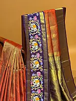 Orangish red vaira oosi checks vintage kanjeevaram saree with tanjore art