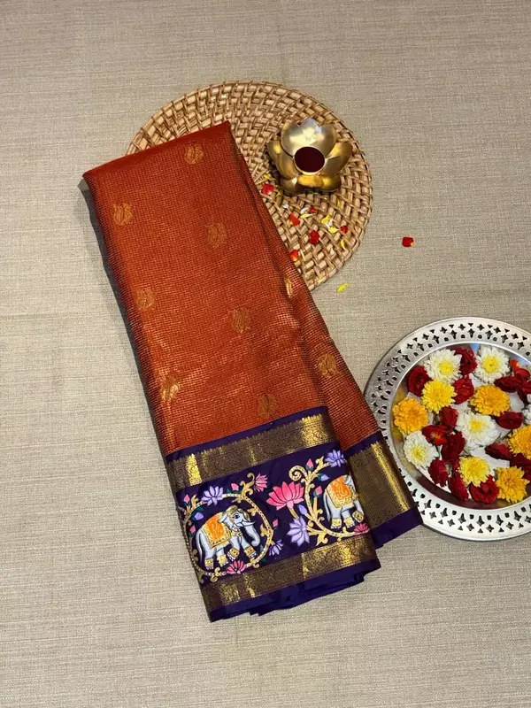 Orangish red vaira oosi checks vintage kanjeevaram saree with tanjore art